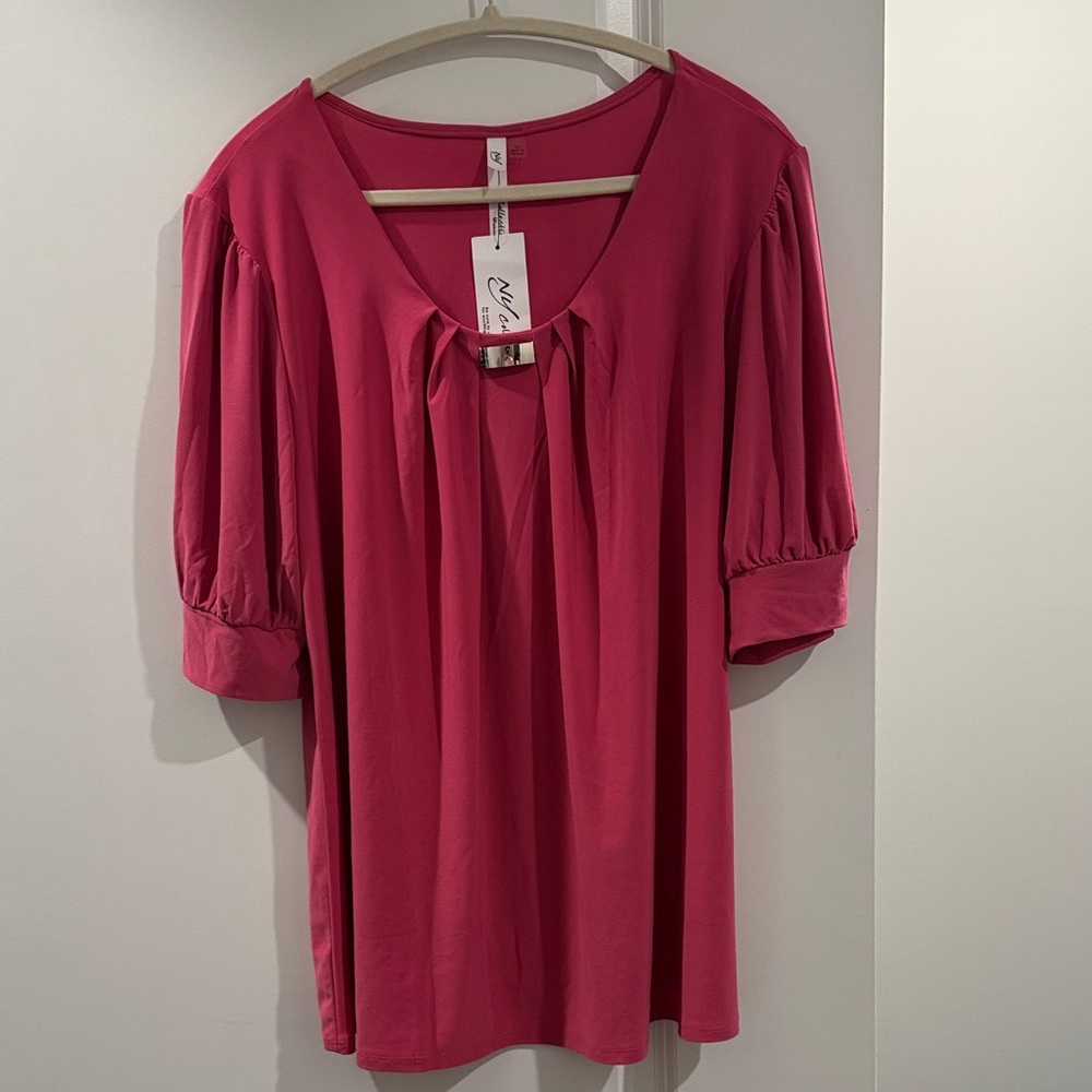 NY Collection Raspberry V-Neck Puff Sleeve Blouse - Picture 2 of 4